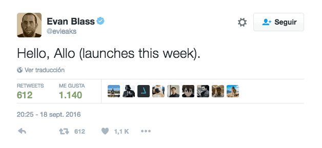 Evan Blass anunciando el lanzamiento de Google Allo